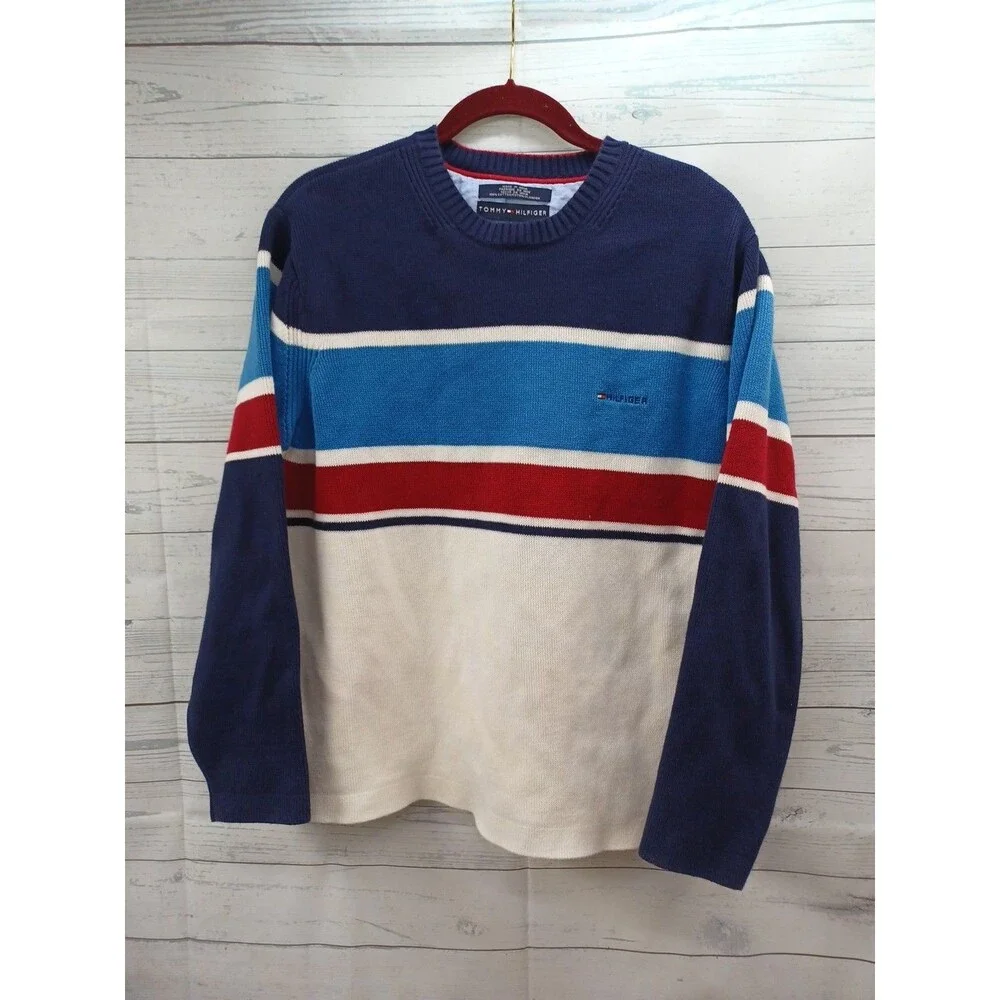 Vintage Y2K Tommy Hilfiger Striped Sweater Sz L Striped Logo